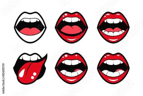 Cartoon mouths and lips expressions on white background