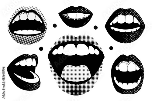 A collection of six mouths with various expressions and teeth