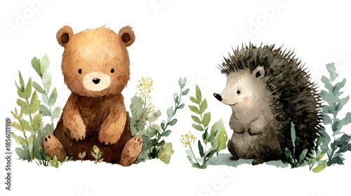 Watercolor illustration of a cute bear and a hedgehog. Both creatures sit amongst green foliage and flowers. The style is soft