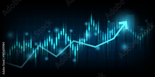 technology financial graph with uptrend line arrow and bar chart of stock market on blue color background