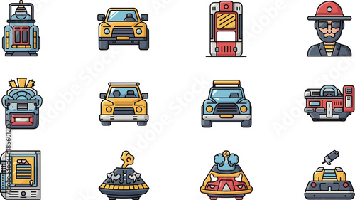 Cartoon bumper cars, taxi, train, robot, jukebox, vending machine, amusement ride, arcade icon, transportation set, colorful vector pack