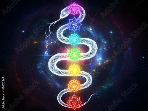 Vibrant Kundalini Snake with Seven Chakras Glowing in Cosmic Space Symbolizing Spiritual Awakening and Inner Peace