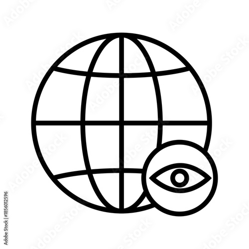 Global Monitoring Line Icon Outline icon of a globe combined with an eye symbol, representing global monitoring, worldwide surveillance, internet visibility, and digital observation. Suitable for tech