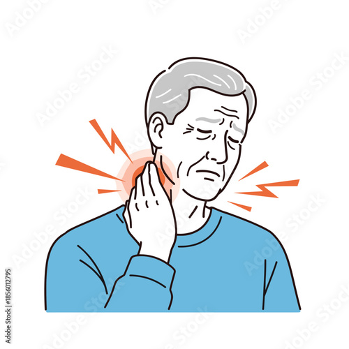 Elderly man in a blue shirt suffers from severe neck and shoulder pain as indicated by red glowing spots and jagged lightning symbols.
