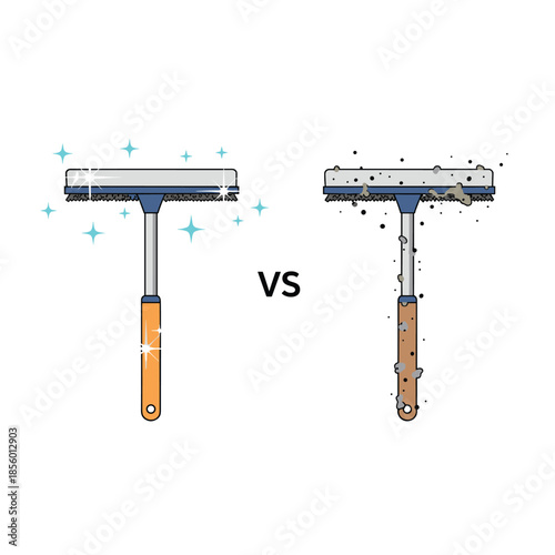 Comparison illustration of a sparkling clean window squeegee versus a dirty one covered in grime to advertise professional cleaning services.