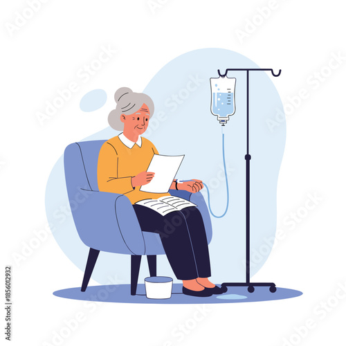 Elderly woman comfortably seated in an armchair receives intravenous therapy while calmly reading a book in a home-like medical setting.