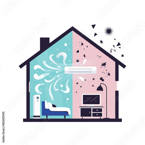 Conceptual house illustration demonstrating an air conditioning system filtering out dust and allergens to provide fresh air indoors.