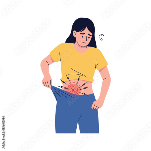 Young woman holding her yellow shirt reveals a red painful spot on her abdomen indicating a stomach ache or rash.