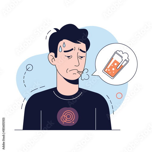 Man feeling exhausted and thirsty from heat thinks about a cold glass of beer on a light blue background.