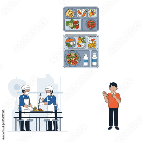 Top view of school lunch trays with healthy meals and students being served food by kitchen staff in a canteen.