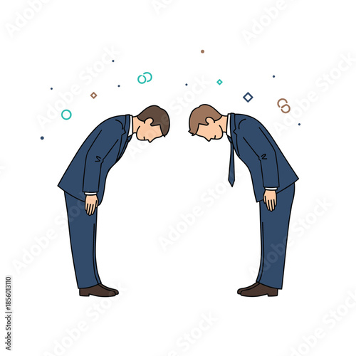 Two businessmen in formal suits bow to each other as a traditional sign of respect and professional greeting.
