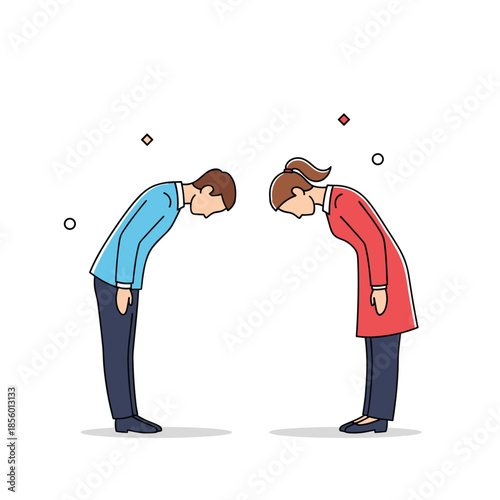 Man and woman in professional business attire performing a traditional respectful bow to each other in a clean white background setting.