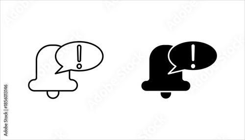Notification Alert Bell Line Icon set. Minimal outline bell icon with alert symbol, representing notifications, warnings, reminders, system alerts, and messaging updates for digital applications.