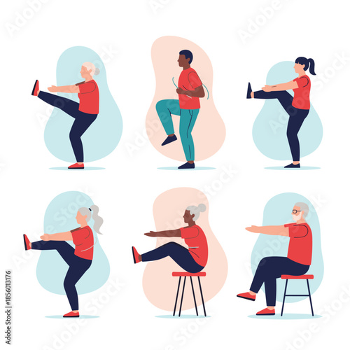 Diverse group of young and senior people performing various standing and seated leg stretching exercises for fitness and flexibility training.