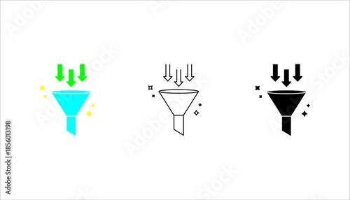 Data Filter Funnel Line Icon set. Outline funnel icon with downward arrows, symbolizing data filtering, sorting, processing, analytics, and information organization in digital systems.