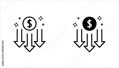 Financial Loss Line Icon set Line icon of a dollar symbol with downward arrows representing financial loss, decrease in revenue, economic decline, and business risk.
