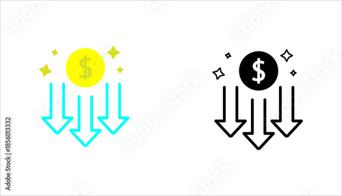 Financial Loss Line Icon set Line icon of a dollar symbol with downward arrows representing financial loss, decrease in revenue, economic decline, and business risk.