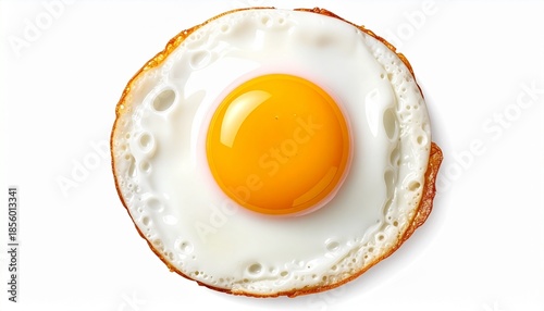 Single fried egg with bright yellow yolk centered in crispy white edges on plain white background.