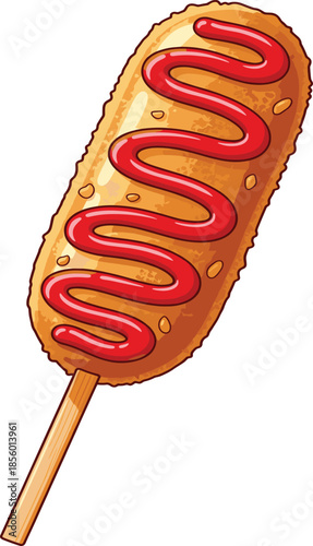 Flat vector illustration of a crispy golden corn dog on a stick with red ketchup mustard sauce drizzle isolated on white background for fast food