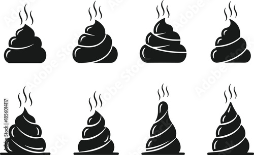 Funny poop icon silhouettes set with steaming swirl shapes, black humor toilet symbols collection isolated on white background illustration