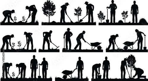 Gardening and farming silhouettes set with people planting trees, digging soil and working outdoors, agriculture and landscaping activities illustration