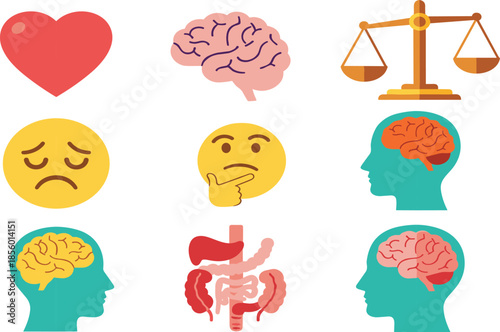 Mental health and human psychology icons set with brain, emotions, thinking, balance and anatomy symbols, colorful flat illustration collection
