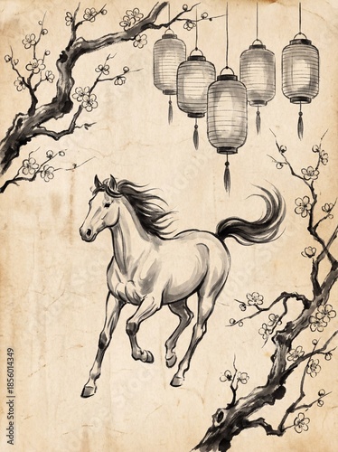Elegant Horse Running with Lanterns and Blossoms