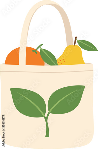 Flat vector illustration of a white eco friendly reusable fabric shopping bag with green leaves containing orange and pear fruits isolated on white background