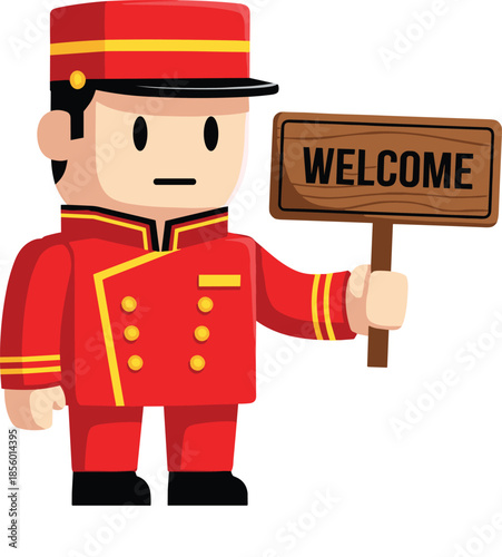 Cartoon hotel bellboy holding welcome sign, flat vector illustration of concierge staff, hospitality service concept, isolated character on white background
