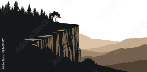 Dramatic silhouette of a massive sheer cliff face with dark pine forest against a layered backdrop of hazy mountain ranges under bright sky