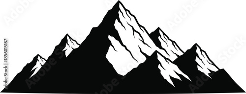 Striking black and white graphic silhouette depicting a jagged range of tall mountain peaks suggesting adventure exploration and alpine wilderness achievement against a clean background for design use