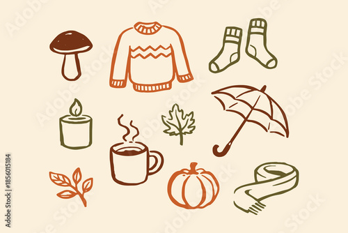 Autumn cozy set sweater pumpkin umbrella doodle line art vector illustration
