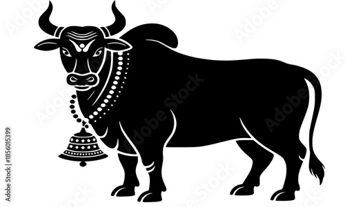 Sacred Hindu bull silhouette with ceremonial bell and tilak, Nandi bull vector illustration, divine animal Vahana of Lord Shiva, Indian religious cultural symbol isolated on white background