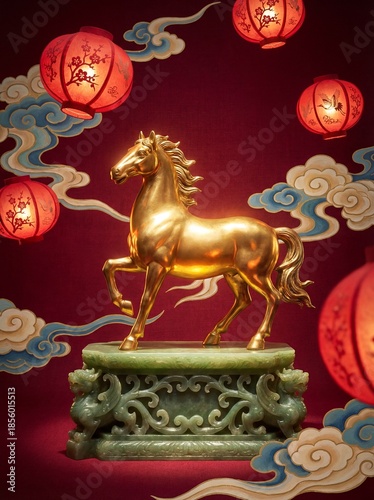 Golden Horse Statue with Lanterns