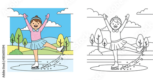Coloring page of happy cartoon girl figure skating outdoors, vector illustration with outline and color example for kids winter activity