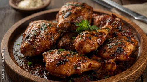 Glazed grilled chicken pieces garnished with parsley on wooden plate
