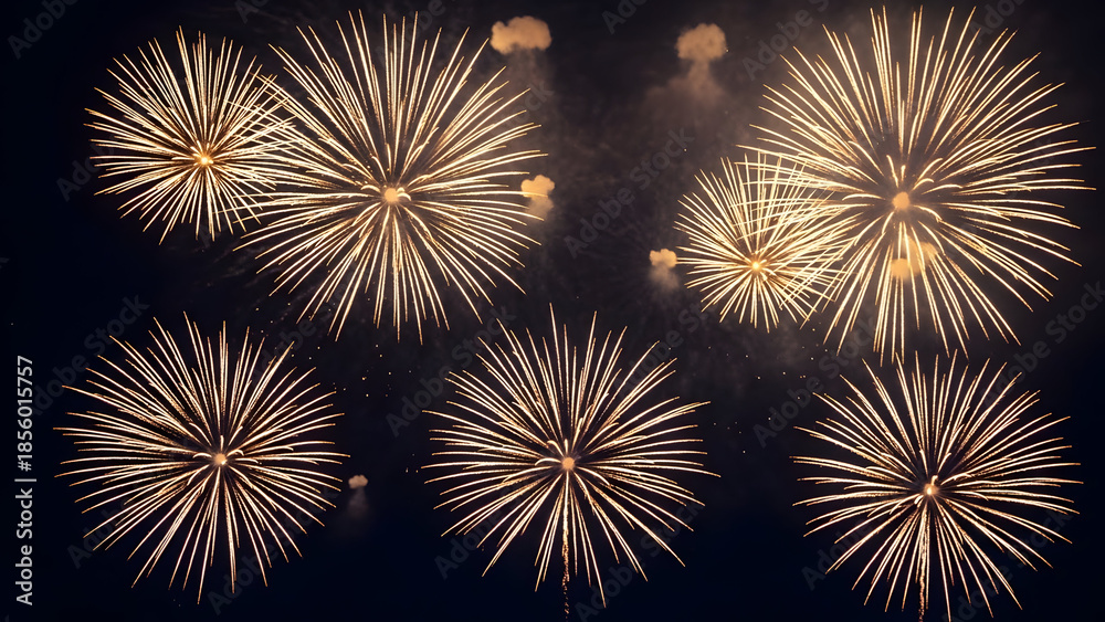 Fototapeta premium Vibrant fireworks display lighting up the night sky with golden sparks and orbs