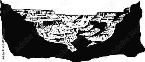 Striking black and white illustration captures the immense depth and layered rock formations characteristic of a vast continental canyon landscape design element