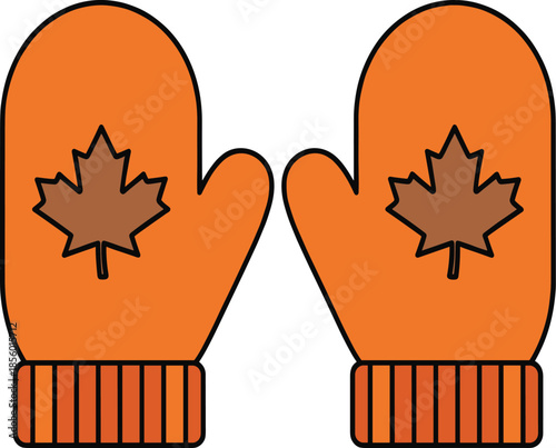 Flat vector illustration of a pair of orange winter mittens with brown maple leaf pattern isolated on white background for seasonal clothing and cold weather