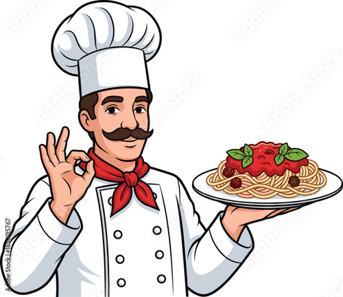 Flat vector illustration of a professional male chef wearing a white uniform holding a plate of spaghetti pasta and showing ok sign gesture isolated