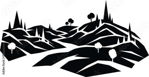 Stylized black and white vector graphic depicting a vast, sharply contoured landscape of rolling hills, dense forests, and a winding path suggesting rugged wilderness exploration or natural topography