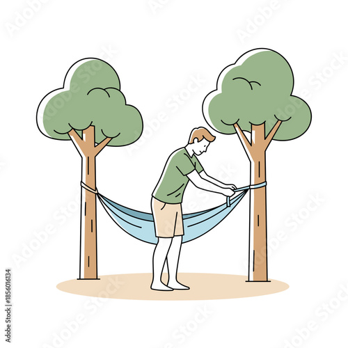Man calmly preparing hammock outdoors against forest background with copy space