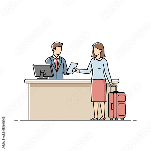 Hotel guest with calm mood checking in at reception desk with suitcase against lobby background with copy space