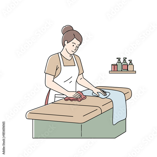 Female massage therapist calmly providing spa treatment on table background with copy space