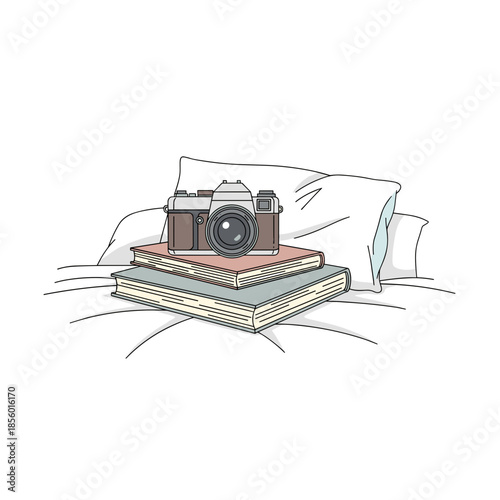 Books and camera on bed in hotel room, relaxation travel illustration with copy space