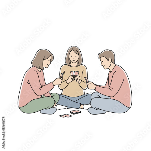 Friends calmly playing cards while sitting on floor at home with copy space