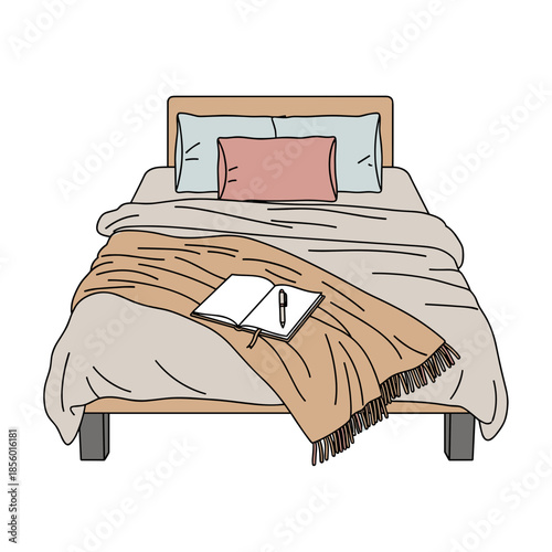 Bed with decorative throw and journal, calm bedroom interior concept with copy space