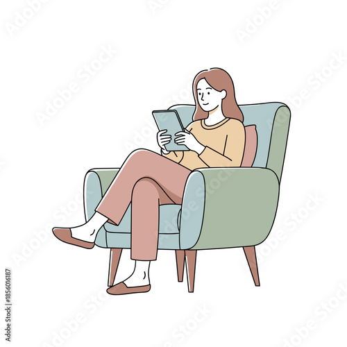 Calm woman relaxing in armchair while using tablet at home with copy space
