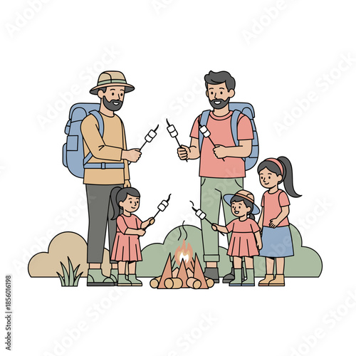 Family happily roasting sweets at campsite after hiking trip with copy space