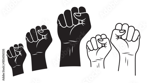 Vector set of raised clenched fist silhouettes and line art outlines, isolated icons representing protest activism unity strength and human rights power